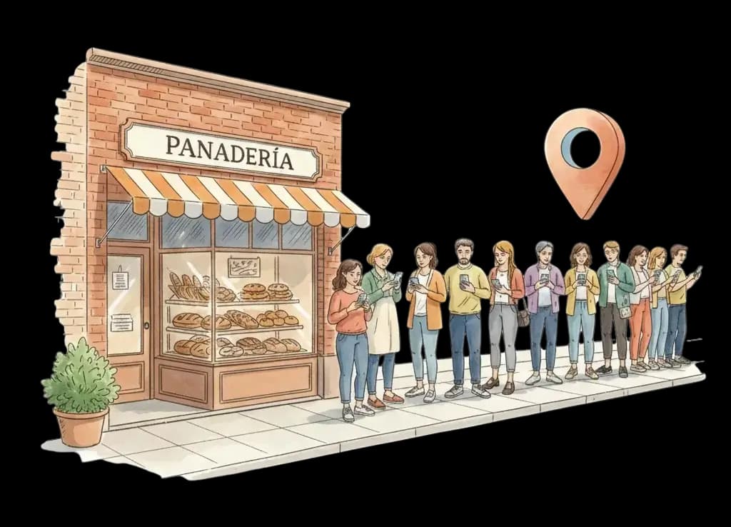 Ilustración de una panadería con clientes buscando en Google